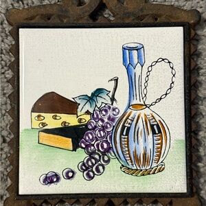 Vintage Ceramic Tile Trivot with Grapes and Wine Design